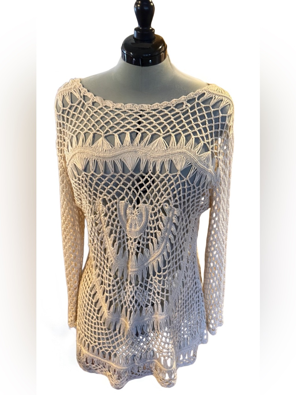 Le Moda Ivory/ Cream Beige Crochet Boho Tunic - Size XXL Bust 2X (44" - 46")